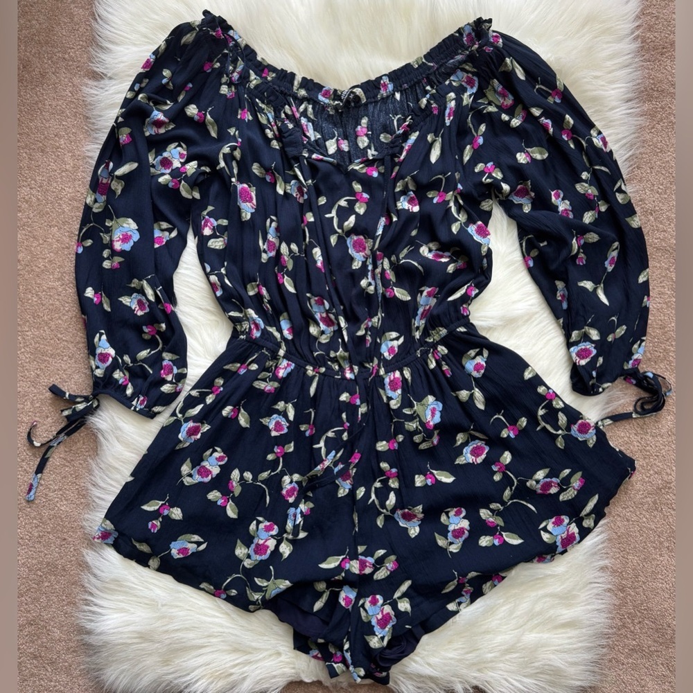 Fashion Nova 3/4 Sleeve Boho Floral Off Shoulder Mini Romper Playsuit Navy Blue